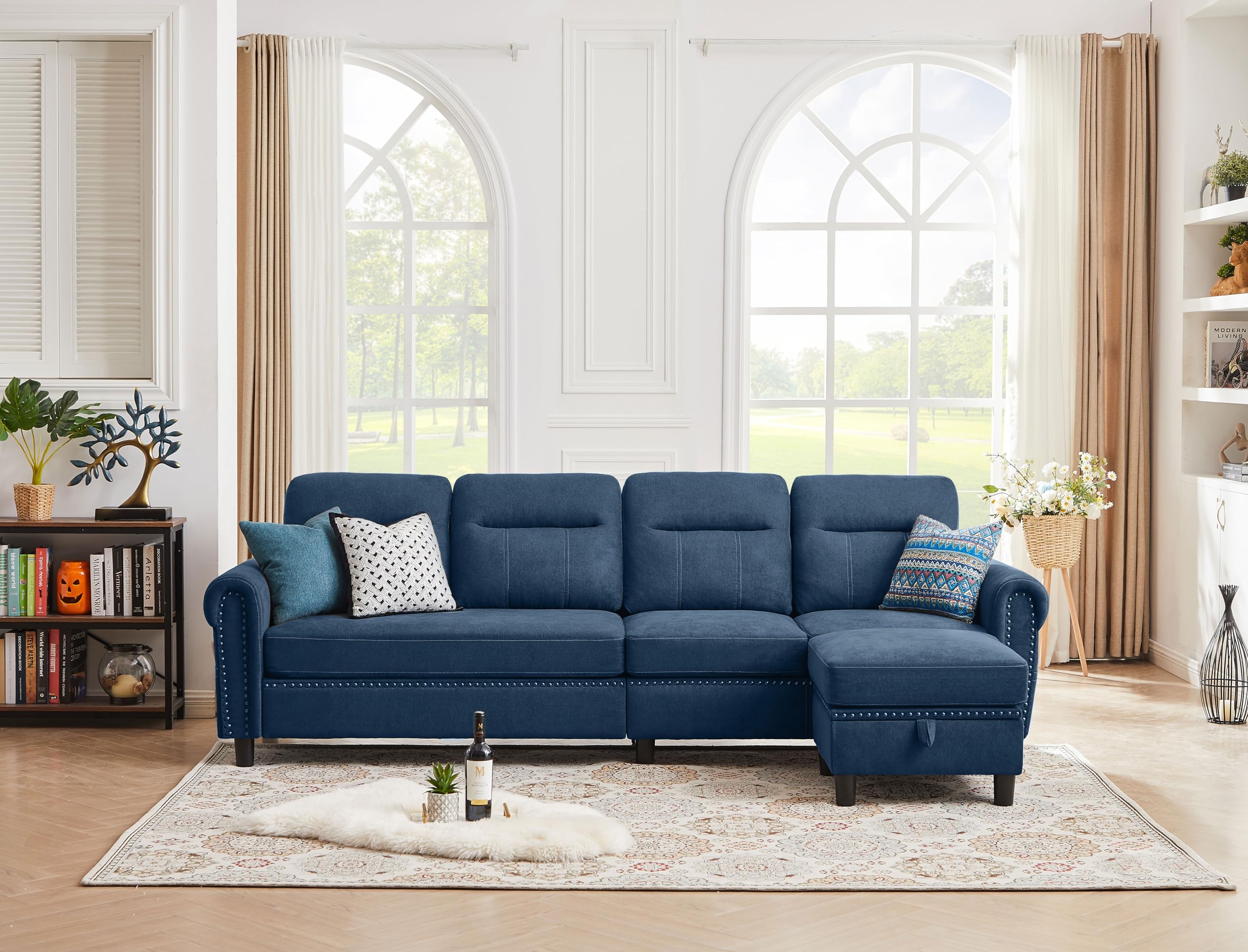 Jarenie 107" Convertible Sectional Sofa, 4-Seat L Shaped Couch with Storage Chaise and Side Pocket, Modern Linen Fabric Sectional Couches for Living Room, Dark Blue