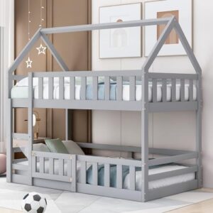 BOVZA House Bunk Bed for Kids Twin Over Twin Size Floor Low Bunk Bed with Fence and Door Wood Loft Bunk Bed Frame for Boys Girls, Gray