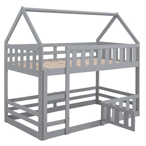 BOVZA House Bunk Bed for Kids Twin Over Twin Size Floor Low Bunk Bed with Fence and Door Wood Loft Bunk Bed Frame for Boys Girls, Gray