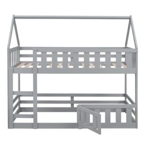 BOVZA House Bunk Bed for Kids Twin Over Twin Size Floor Low Bunk Bed with Fence and Door Wood Loft Bunk Bed Frame for Boys Girls, Gray