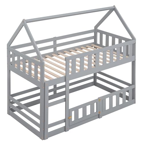 BOVZA House Bunk Bed for Kids Twin Over Twin Size Floor Low Bunk Bed with Fence and Door Wood Loft Bunk Bed Frame for Boys Girls, Gray