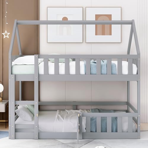 BOVZA House Bunk Bed for Kids Twin Over Twin Size Floor Low Bunk Bed with Fence and Door Wood Loft Bunk Bed Frame for Boys Girls, Gray