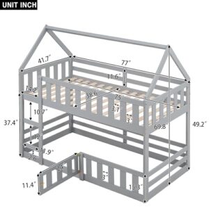 BOVZA House Bunk Bed for Kids Twin Over Twin Size Floor Low Bunk Bed with Fence and Door Wood Loft Bunk Bed Frame for Boys Girls, Gray