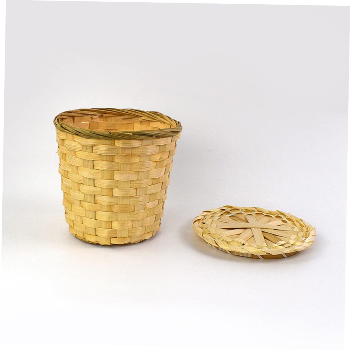 OFFSCH Round Weaving Tea Basket with Lid Tea Storage Basket and Garbage Container Bin for Kitchen Office and Home Organization