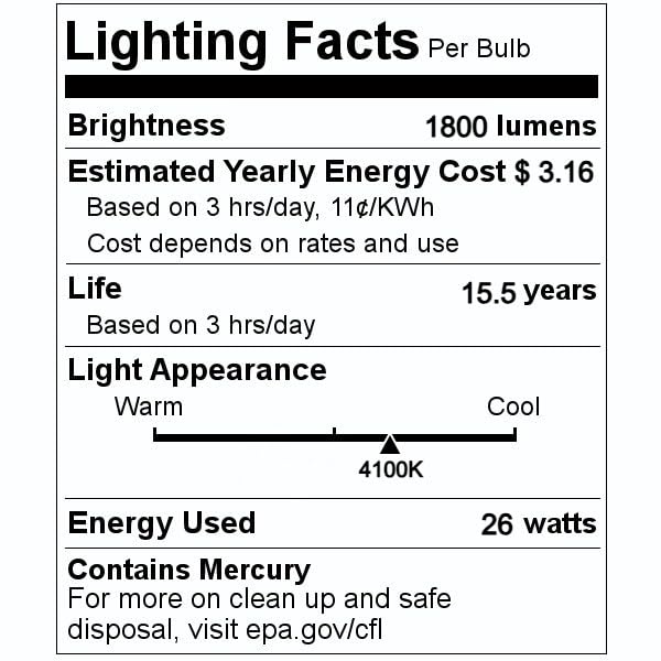 GE (6 Bulbs) Cool White 26 watt Plug-in CFL GX24q-3 Base, 5.2 inch F26TX, 4100K Cool White, 1800 Lumen, Compact Fluorescent Light Bulb