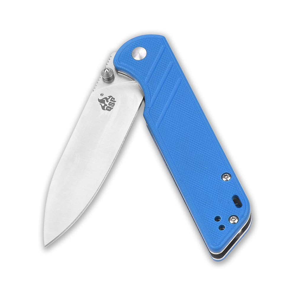 QSP EDC Folding Pocket Knife, D2 Blade, 4" G10/Micarta handle, Left and Right Handed Thumb Stub Opening, Smooth Liner Lock with Ball Bearing, Parrot (ball bearing, blue G10)