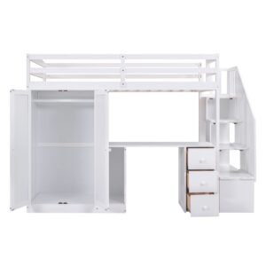 BOVZA Twin Size Loft Bed with Stairs and Wardrobe, Wooden Twin Loft Bed Frame with Desk and Storage Drawers and Cabinet in 1 for Kids Girls Boys Teens, White