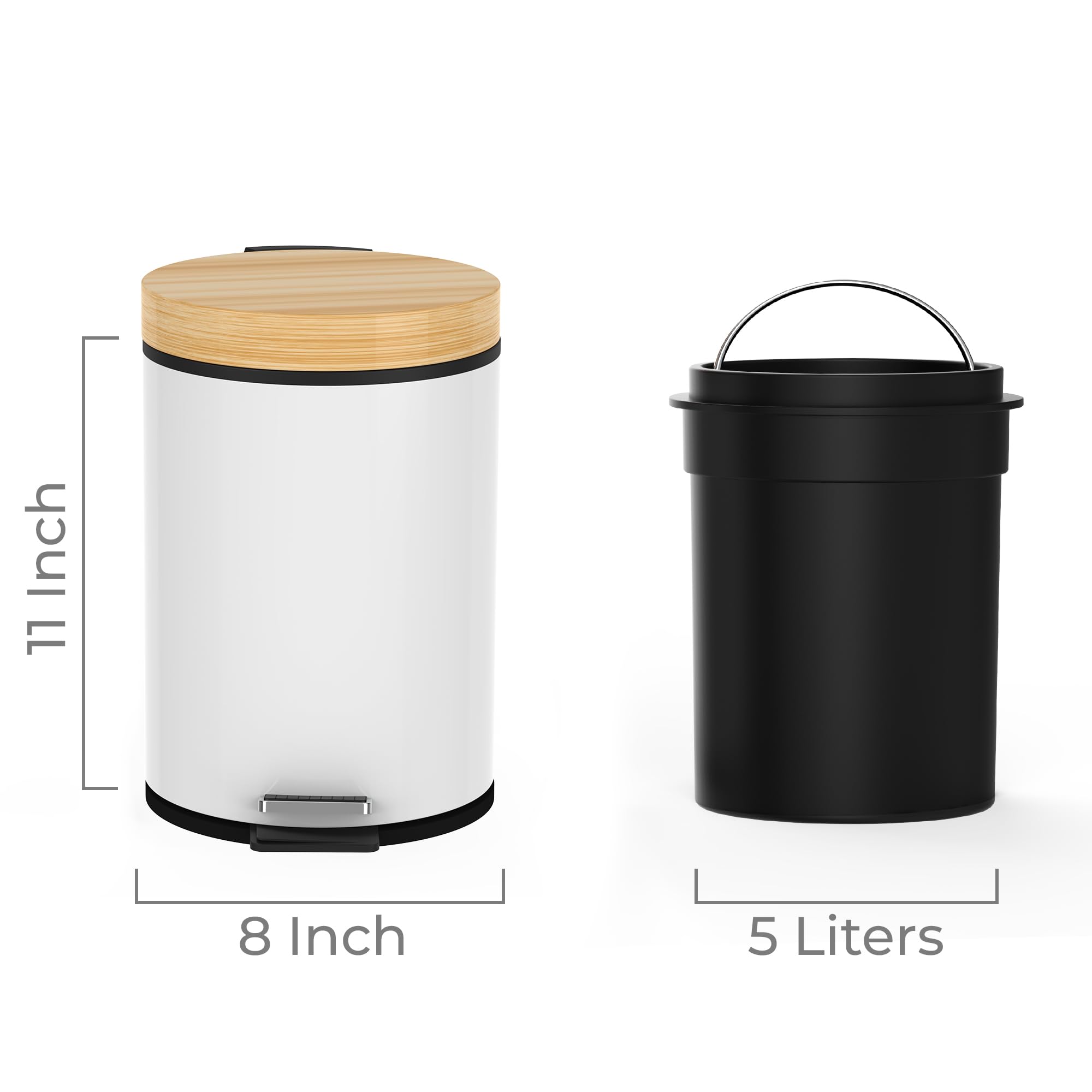 Bathroom Trash Can with Bamboo Lid, 5 Liter – 1.32 Gallon Soft Close Kitchen Trash Can - Removable Liner, Foot Pedal, Steel Construction, Anti-Slip Garbage Can – Small Trash Bin for Bedroom & Office