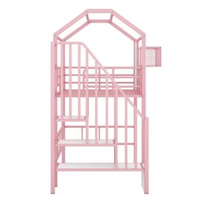 Favfurish Twin Size Metal Loft Bed with roof Design and a Storage Box,House Shaped Stairway Metal Bedframe w/Guardrail & Roof Design, for Kids Boys Girls Bedroom, Pink