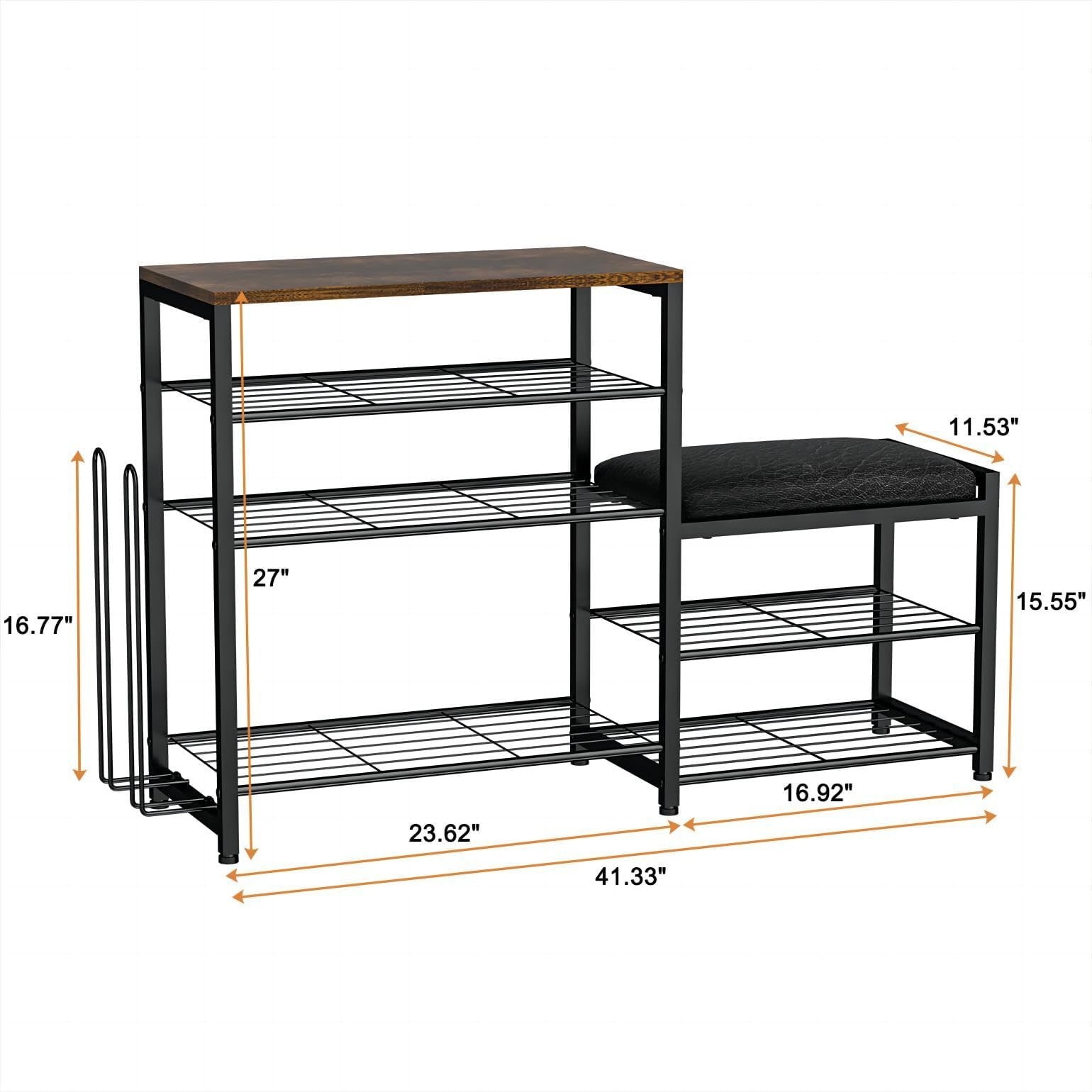 X-cosrack Stylish 5-Tier Shoe Rack Bench with Seat and Boot-Hanging- Entryway Storage Organizer in Industrial Design Brown Black