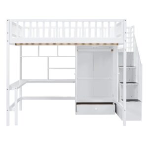 Modern Wood Full Size Loft Bed with Bookshelf,Desk and Wardrobe,Drawers and Storage Stairs,for Kids Boys Girls Teens Adults Bedroom (White@Wardrobe, Full)