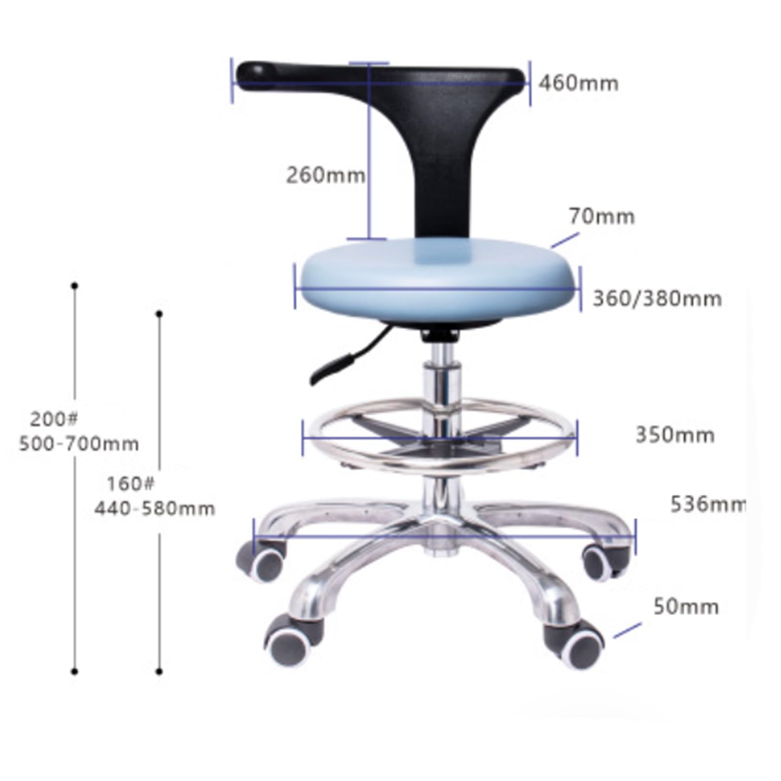 SFKLYU Dental Stool Dental Chair Assistant Stool 360° Rotation Armrest Dental PU Leather Backrest for Office Kitchen Dentist Shop Lab and Home,50~70cm