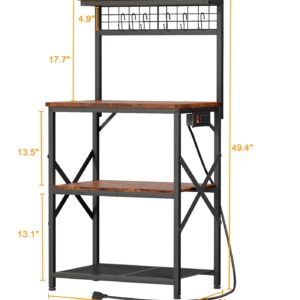 Furologee Kitchen Bakers Rack with Power Outlet, Microwave Oven Stand with Storage 4 Tiers, Coffee Bar Table with 6 S Hooks, Kitchen Storage Shelf Rack for Spices, Pots, Rustic Brown