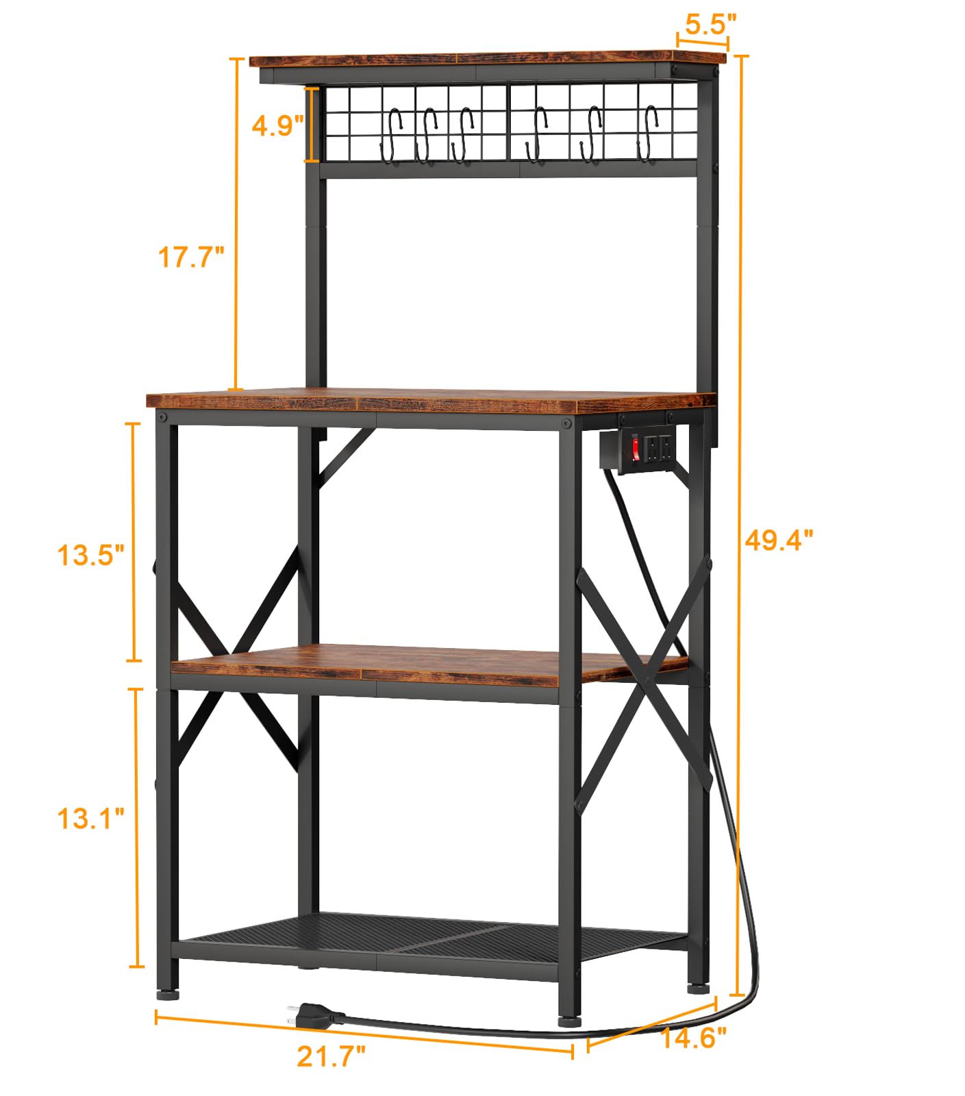 Furologee Kitchen Bakers Rack with Power Outlet, Microwave Oven Stand with Storage 4 Tiers, Coffee Bar Table with 6 S Hooks, Kitchen Storage Shelf Rack for Spices, Pots, Rustic Brown