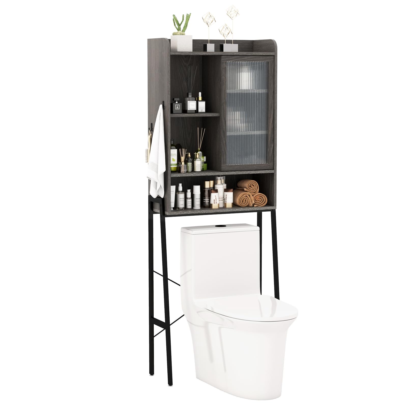 Giantex Over The Toilet Storage Cabinet, Industrial Bathroom Organizer w/Trapezoid Metal Frame, Adjustable Shelves & 2 Hooks, Freestanding Space-Saving Storage Rack for Laundry Room (Sliding Door)