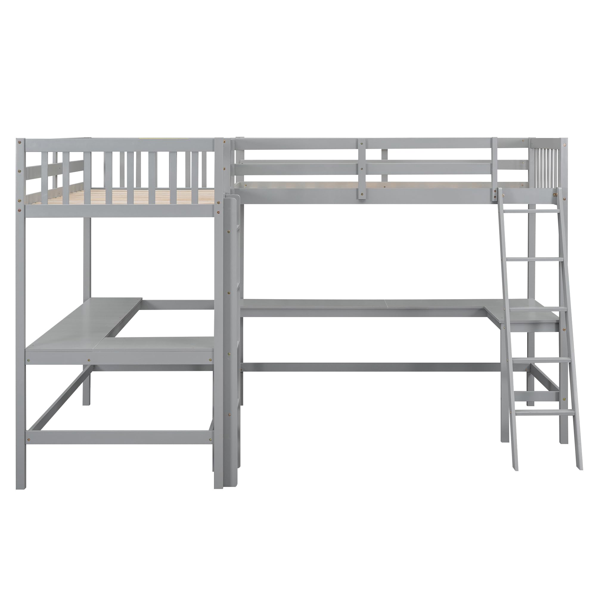 CITYLIGHT L-Shaped Loft Bed with 2 Built-in L-Shaped Desks,Wood Twin Size Loft Bed with Desk Underneath for Kids,Double Loft Beds with Guardrails and Ladders for Boys Girls Teens,Grey