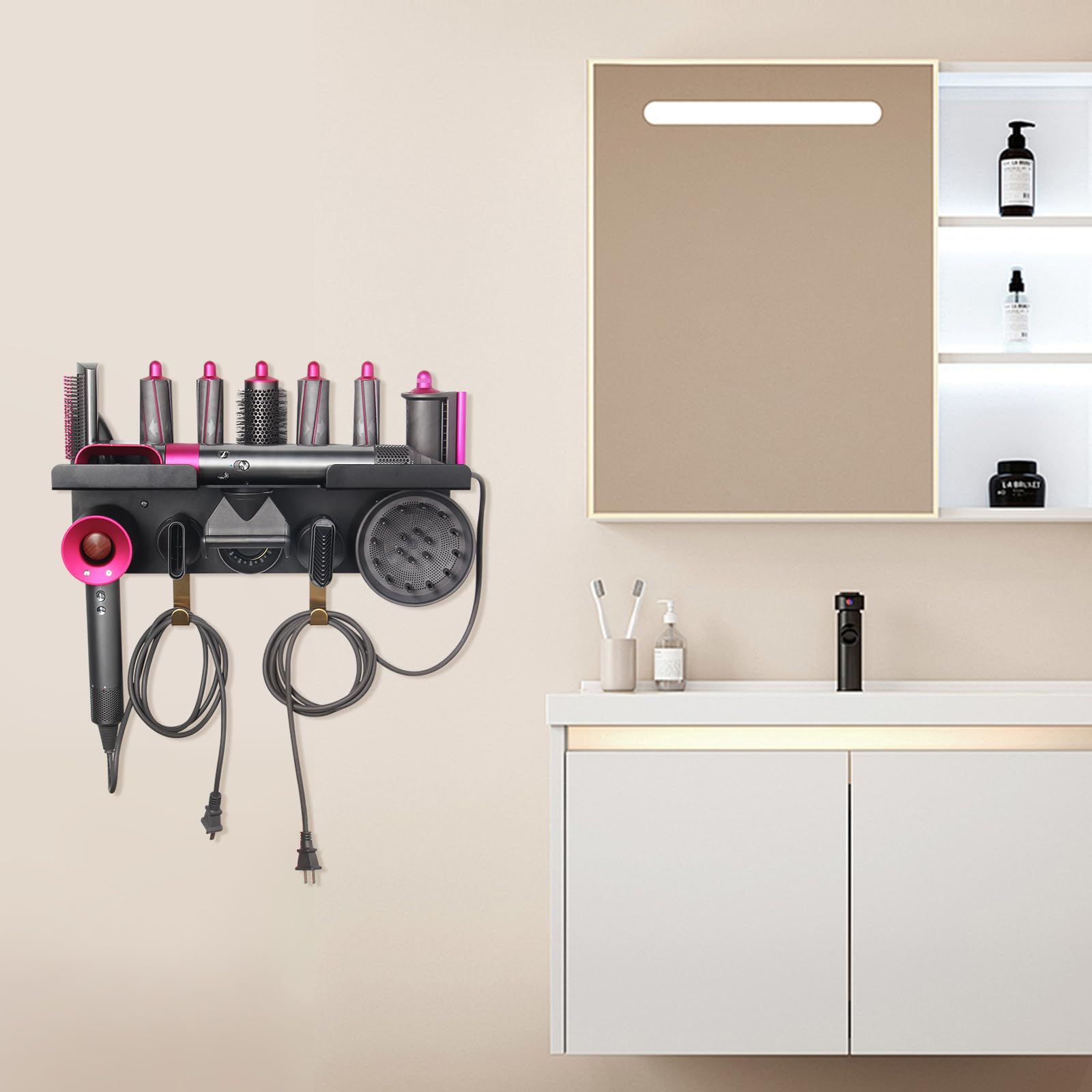 Fippkargo Wall Mount Holder Compatible with Dyson Airwrap Supersonic Hair Dryer, Rack with Hooks for Accessories, 2 in 1 Organizer for Storage Attachments Wide-Tooth Comb Diffuser Nozzle Curling Iron