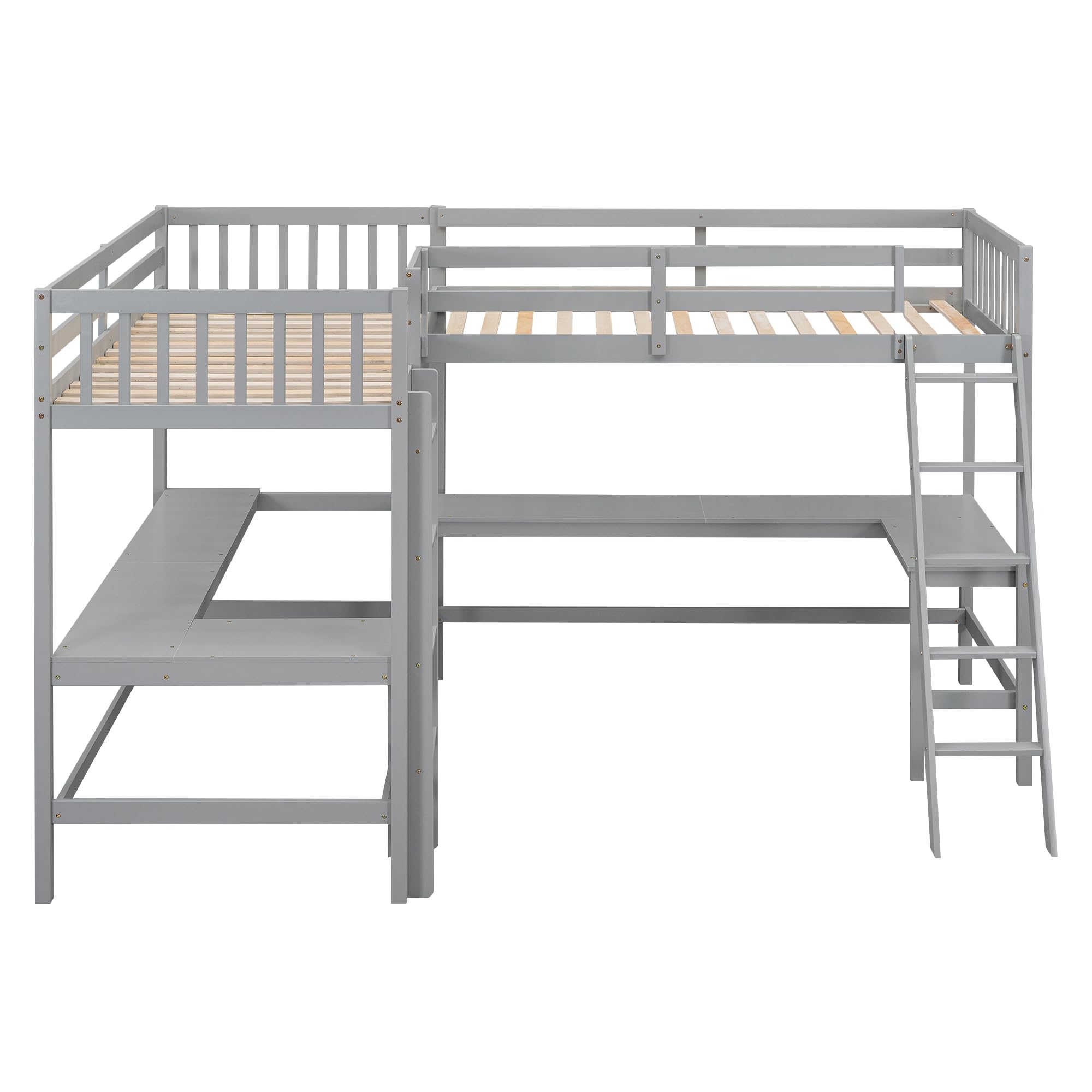 CITYLIGHT L-Shaped Loft Bed with 2 Built-in L-Shaped Desks,Wood Twin Size Loft Bed with Desk Underneath for Kids,Double Loft Beds with Guardrails and Ladders for Boys Girls Teens,Grey