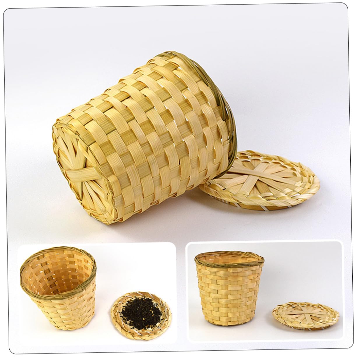 OFFSCH Round Weaving Tea Basket with Lid Tea Storage Basket and Garbage Container Bin for Kitchen Office and Home Organization