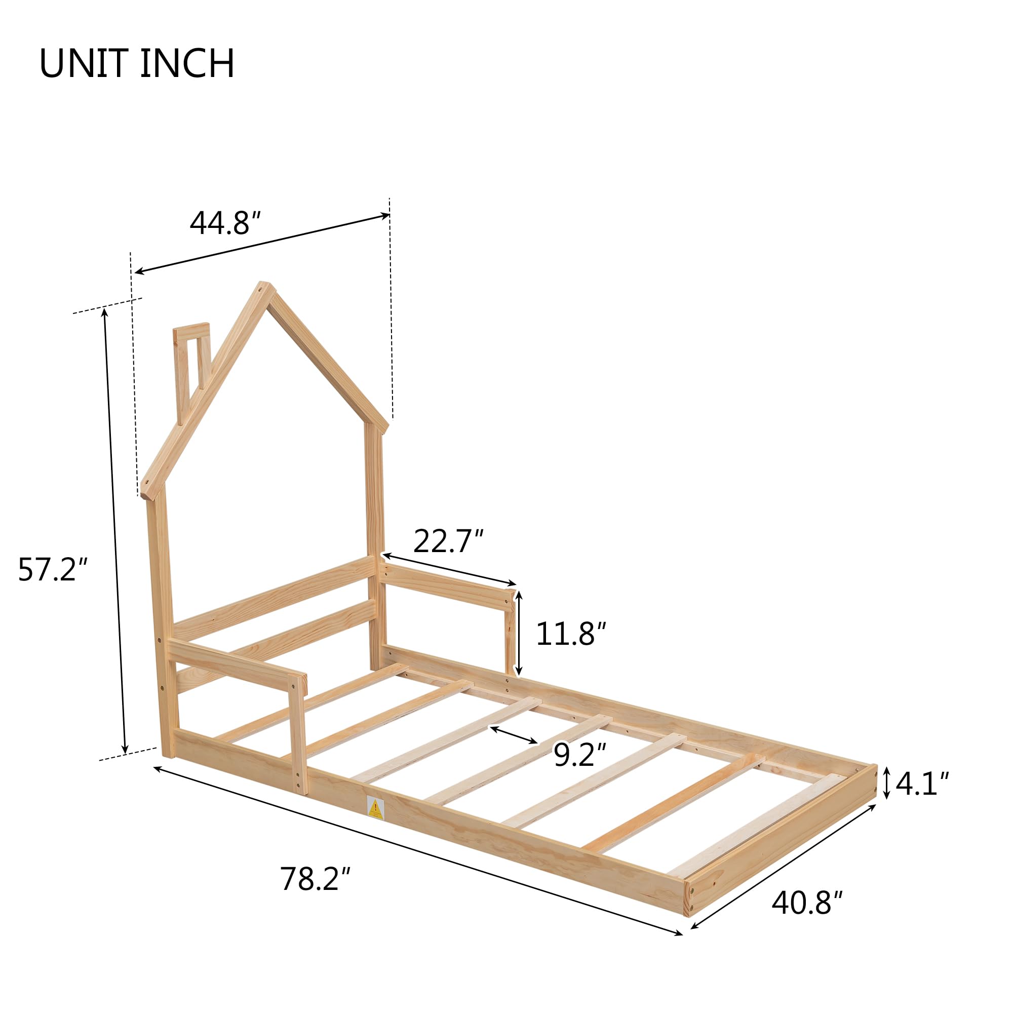 Dolonm Twin Size Floor Bed with House-Shaped Headboard and Handrails, Wooden Bed Frame with Slats, Gift for Bedroom Decor, Twin Size (Natural Wood)