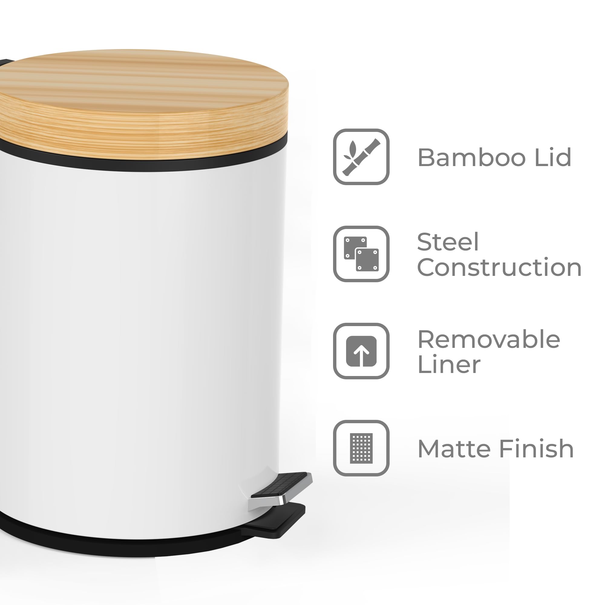 Bathroom Trash Can with Bamboo Lid, 5 Liter – 1.32 Gallon Soft Close Kitchen Trash Can - Removable Liner, Foot Pedal, Steel Construction, Anti-Slip Garbage Can – Small Trash Bin for Bedroom & Office