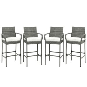 costway wicker bar stools set of 4, patio bar height chairs with cushions, armrests and footrests, outdoor rattan barstools for backyard, deck, pool, 400 lbs max load, mix gray (4)