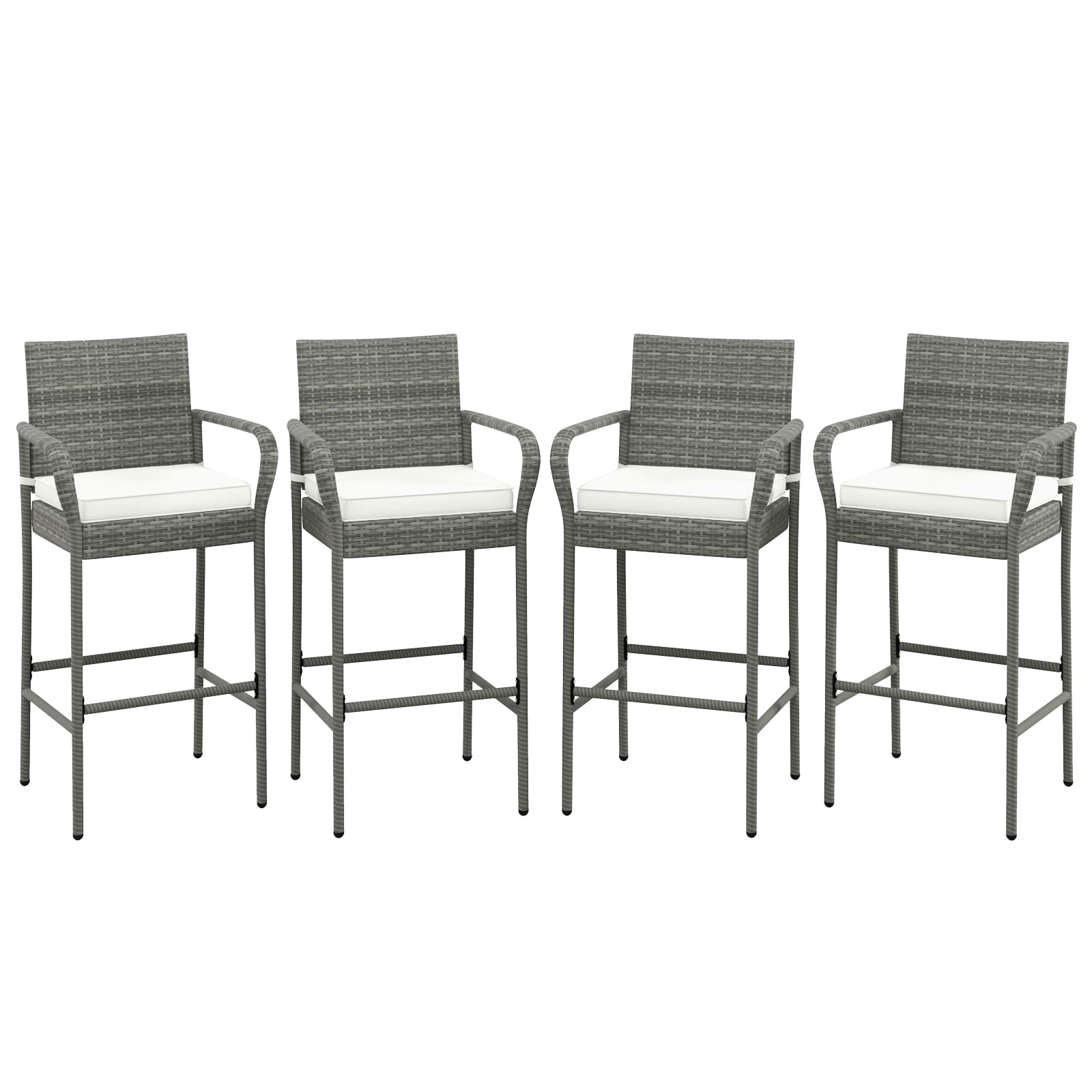 COSTWAY Wicker Bar Stools Set of 4, Patio Bar Height Chairs with Cushions, Armrests and Footrests, Outdoor Rattan Barstools for Backyard, Deck, Pool, 400 lbs Max Load, Mix Gray (4)