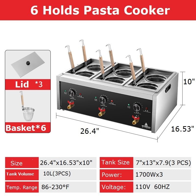 Koalalko Commercial Pasta Cooker 6 Holes Macaroni Vegetable Dumpling Cooker Noodle Cooking Machine Pasta Makers Boiler Machine with 6 Basket Noodle Dumpling Maker with Noodle Filter 110V 60hz US plug