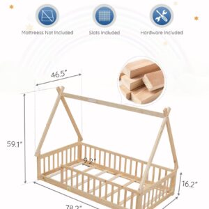 Tatub Twin Montessori Floor Bed Frame with Railings and Roof, Montessori House Bed for Kids, Wood Tent Floor Bed, Montessori Teepee Bed for Girls and Boys, Nature