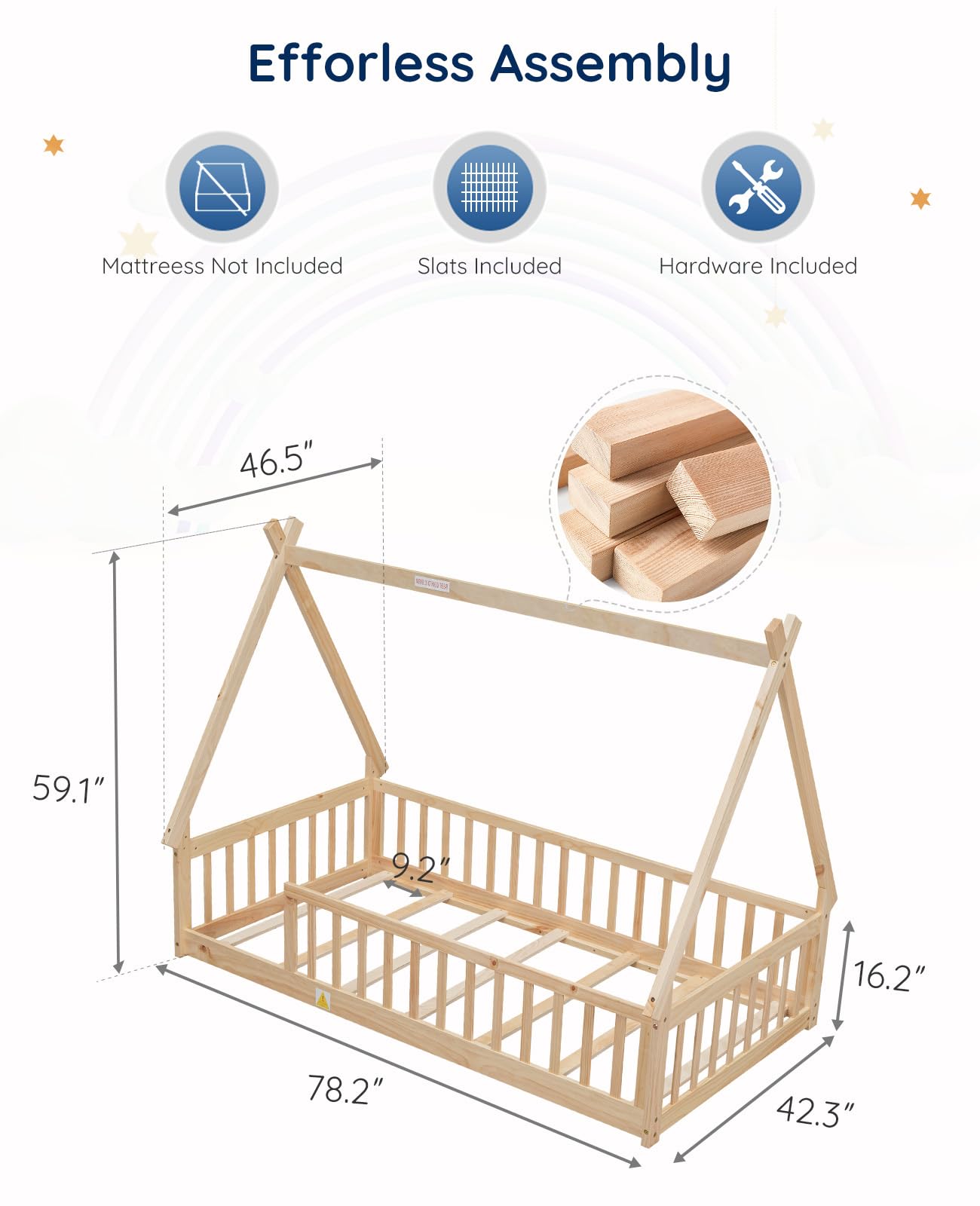 Tatub Twin Montessori Floor Bed Frame with Railings and Roof, Montessori House Bed for Kids, Wood Tent Floor Bed, Montessori Teepee Bed for Girls and Boys, Nature