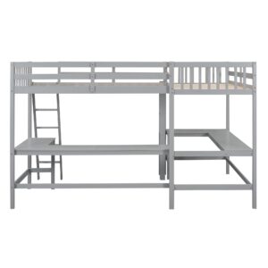 CITYLIGHT L-Shaped Loft Bed with 2 Built-in L-Shaped Desks,Wood Twin Size Loft Bed with Desk Underneath for Kids,Double Loft Beds with Guardrails and Ladders for Boys Girls Teens,Grey