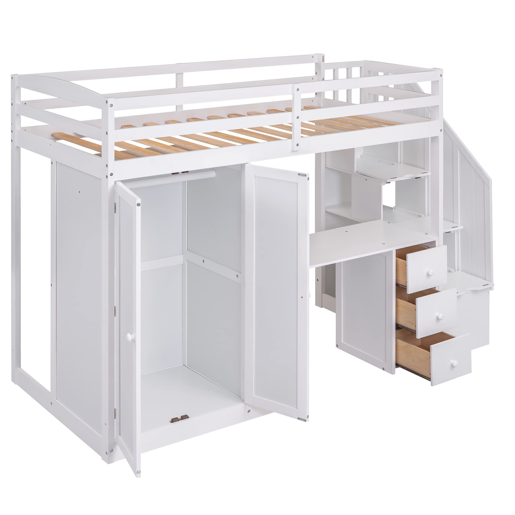 BOVZA Twin Size Loft Bed with Stairs and Wardrobe, Wooden Twin Loft Bed Frame with Desk and Storage Drawers and Cabinet in 1 for Kids Girls Boys Teens, White