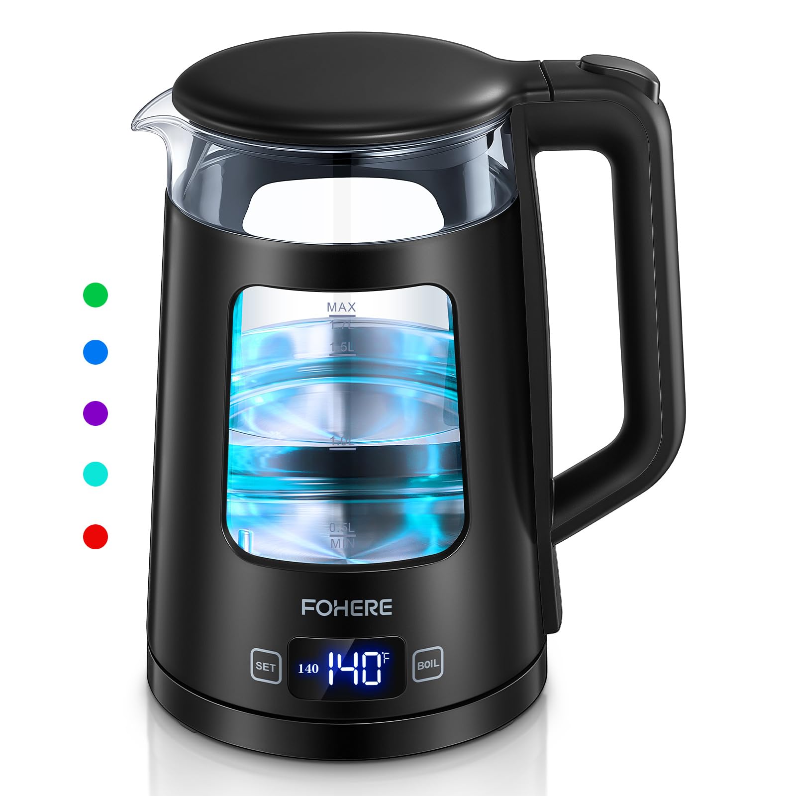 Electric Kettle, 1.7L Glass Tea Kettle, with Keep Warm, 5 Temperature Control, 1500W Fast Boil, Auto Shut-Off & Boil-Dry Protection, with 5 Colored Lights, Black