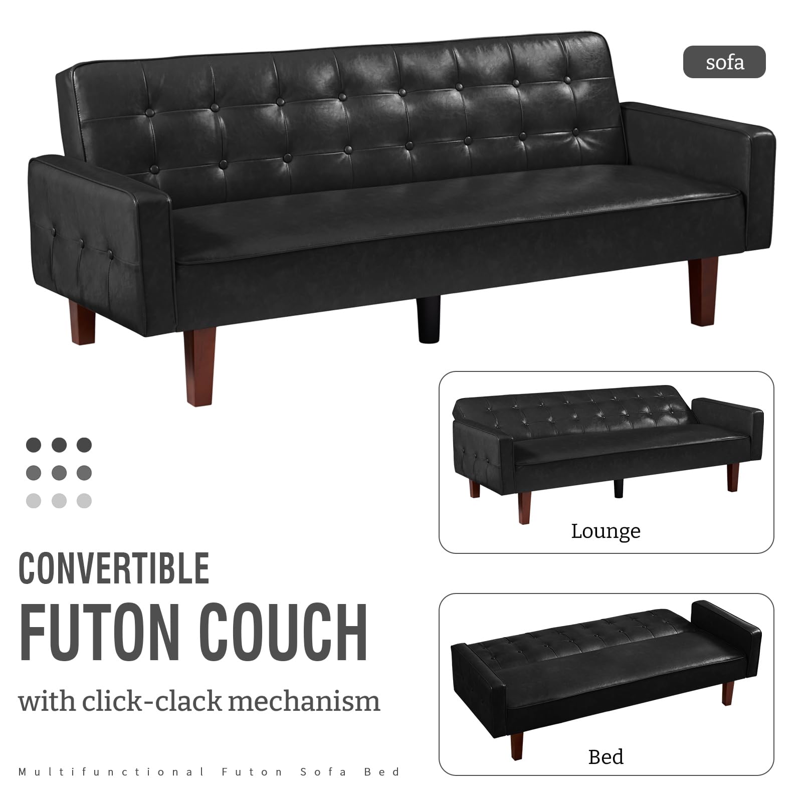 IULULU Futon Sofa Bed, Modern Convertible Faux Leather Sleeper Couch with Armrests for Studio, Office, Apartment, Compact Living, Game Room, Overnight Guests, Retro Black