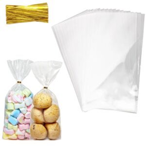 qoiuso 100pcs cellophane treat bags: 5 x11 inch clear cellophane bags for candy snacks cookies holiday gift wrapping - plastic goodie bags with 110 twist ties for christmas new year party favors