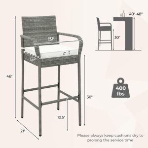 COSTWAY Wicker Bar Stools Set of 4, Patio Bar Height Chairs with Cushions, Armrests and Footrests, Outdoor Rattan Barstools for Backyard, Deck, Pool, 400 lbs Max Load, Mix Gray (4)