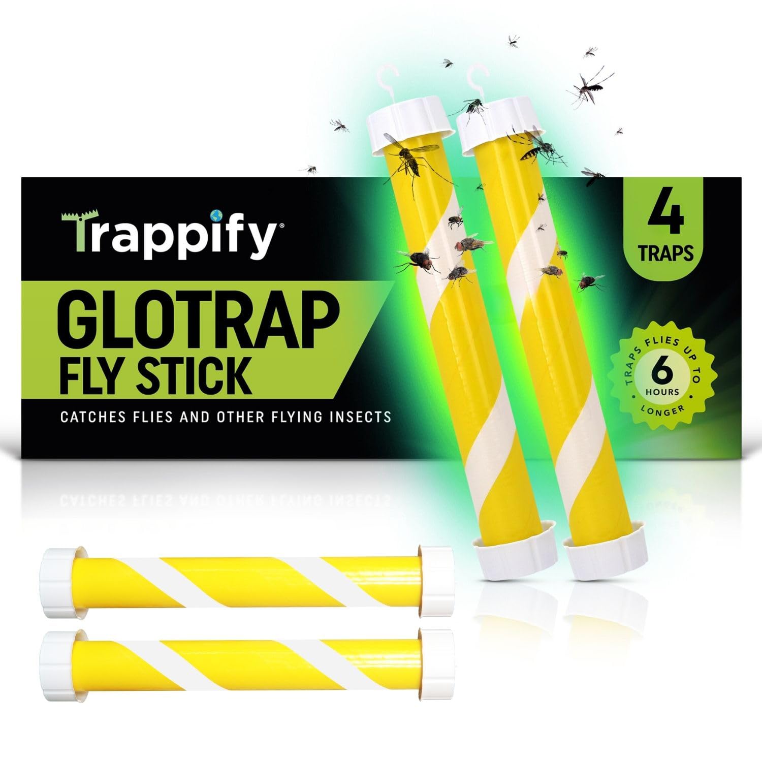 Glow-in-The-Dark Fly Stick by Trappify: Premium Indoor & Outdoor Fly Traps | Water-Resistant Sticky Trap for Fruit Fly Traps for Indoors, Gnat Traps for House Indoor, and Fly Trap Indoor (4 Pack)