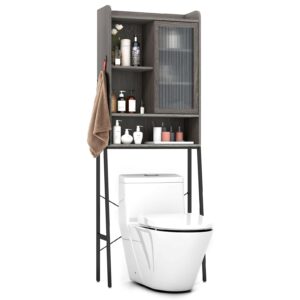 tangkula over the toilet storage cabinet, bathroom space saver above toilet with sliding acrylic door & metal frame, freestanding bathroom organizer with adjustable shelves for bathroom laundry