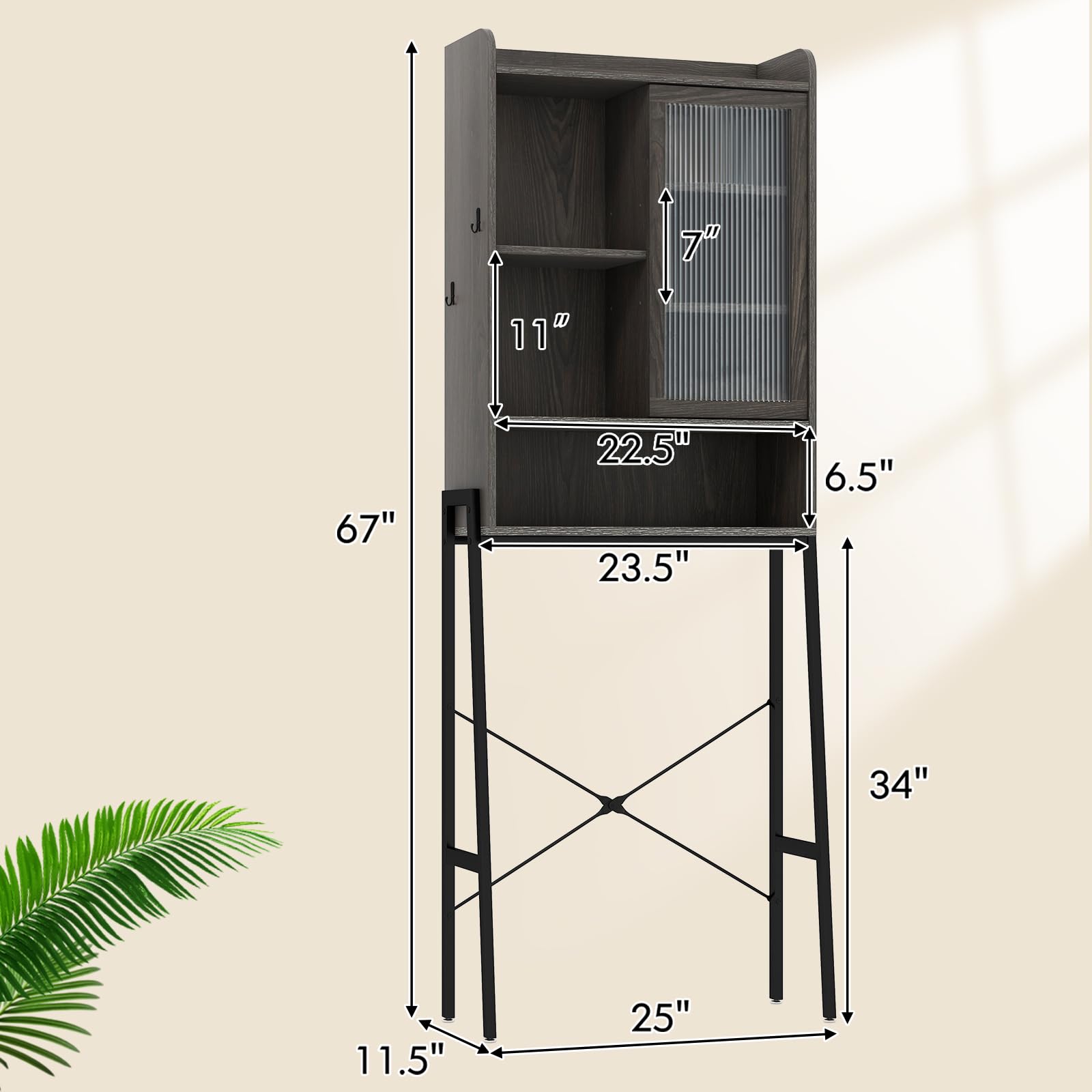 Giantex Over The Toilet Storage Cabinet, Industrial Bathroom Organizer w/Trapezoid Metal Frame, Adjustable Shelves & 2 Hooks, Freestanding Space-Saving Storage Rack for Laundry Room (Sliding Door)