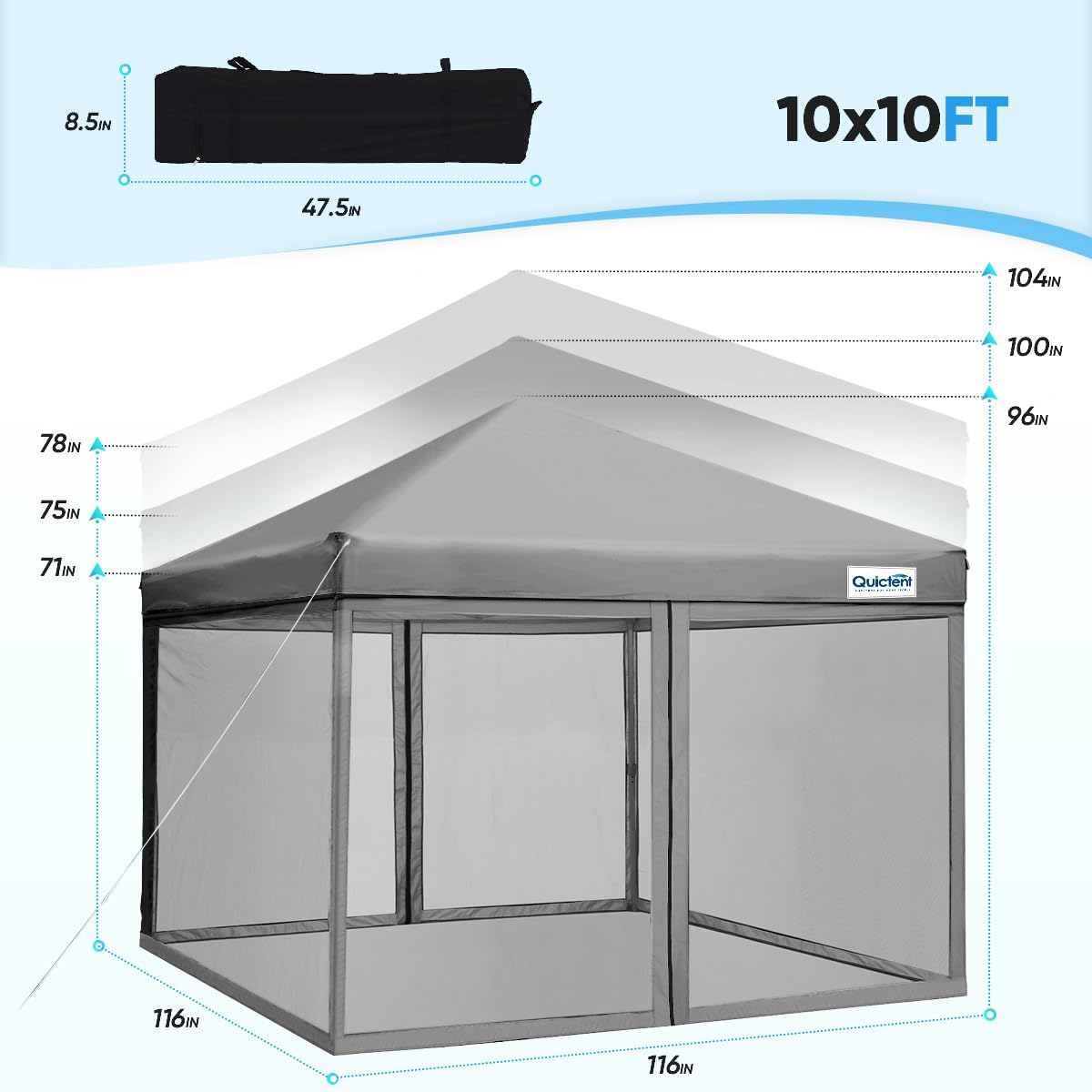 Quictent 10'x10’ Pop up Screened Canopy Tent with Mosquito Netting, Portable Easy up Outdoor Screen House Shelter for Patio, Camping and Picnic, Includes Wheeled Carry Bag (Grey)