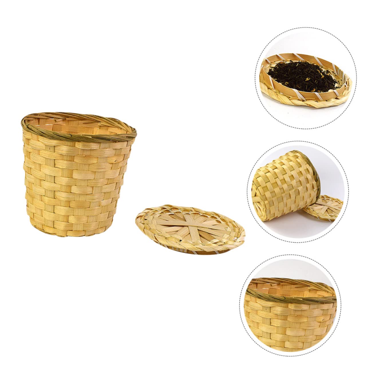 OFFSCH Round Weaving Tea Basket with Lid Tea Storage Basket and Garbage Container Bin for Kitchen Office and Home Organization