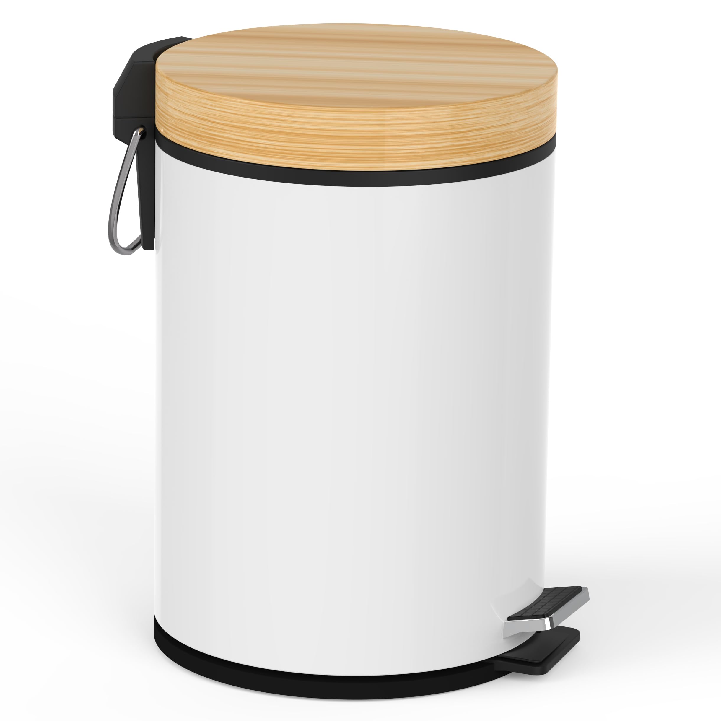 Bathroom Trash Can with Bamboo Lid, 5 Liter – 1.32 Gallon Soft Close Kitchen Trash Can - Removable Liner, Foot Pedal, Steel Construction, Anti-Slip Garbage Can – Small Trash Bin for Bedroom & Office