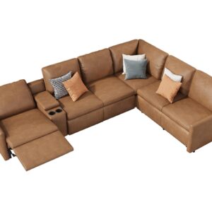 AMERLIFE Reclining Sectional Sofa, Power Recliner with Console& Single Right Recliner, 6 Seats L Shaped Couch with Cup Holder& Charging Port, Leather Modular Couch for Living Room