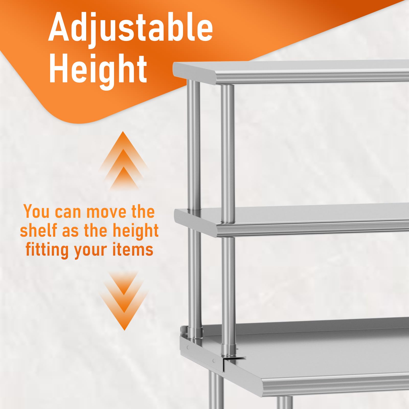 HOCCOT Stainless Steel Double Overshelf 12''x48'' Commercial Double Tier Shelf for Prep & Work Table, Adjustable Height 2 Tier Deck Shelf Load 360lb for Kitchen, Home, Restaurant and Storage Room