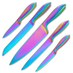 wellstar kitchen knife set 5 piece, razor sharp german high carbon stainless steel blade, chef bread carving utility paring knives for culinary chopping cutting slicing and peeling - rainbow