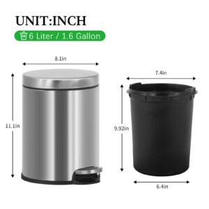 YYkokocat 2 Pack Small Trash Can 1.6 Gallon Bathroom Garbage Can with Lid Step Trash Can Waste Basket for Bathroom Dorm, 6 Liter Trashcan Small Wastebasket, Brushed Stainless Steel, 2PCS