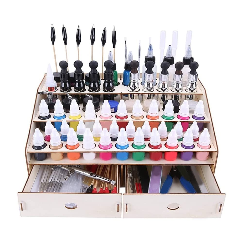 Luejnbogty DIY Wooden Organizer Paint Bottles Display Brushes Holder Stand 58 Bottles of Paint Can Be Placed