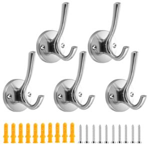 akamino 5 pack coat hooks brushed nickel,wall mounted zinc alloy nickel towel hooks for hanging,heavy duty double prong robe hooks metal closet hooks for bathrooms, kitchen (silver)