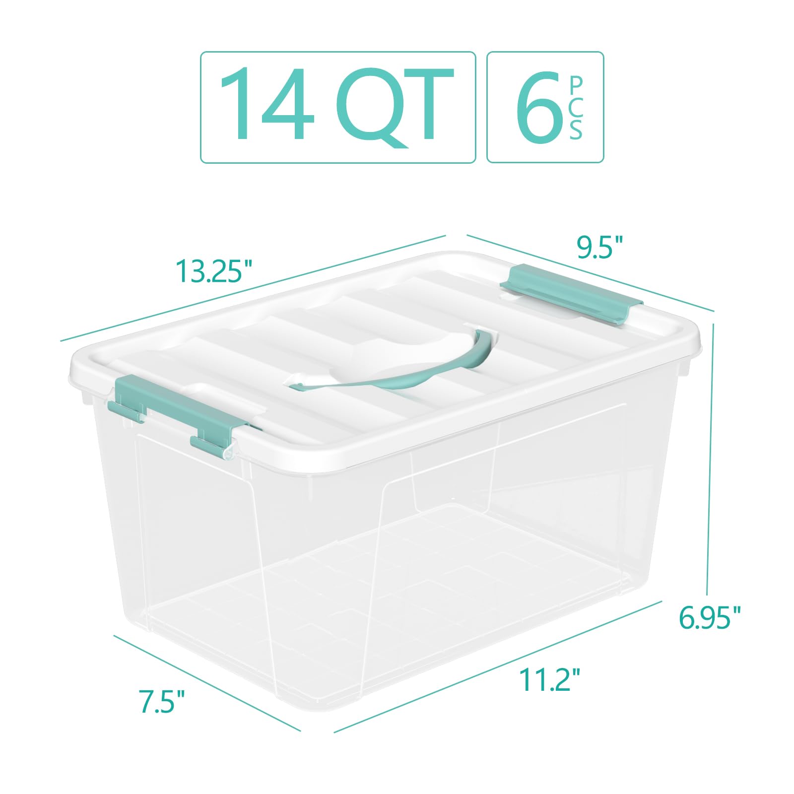 Buyitt Plastic Storage Box with Lids, Clear Plastic Latching Bins, 14 Quart, Pack of 6