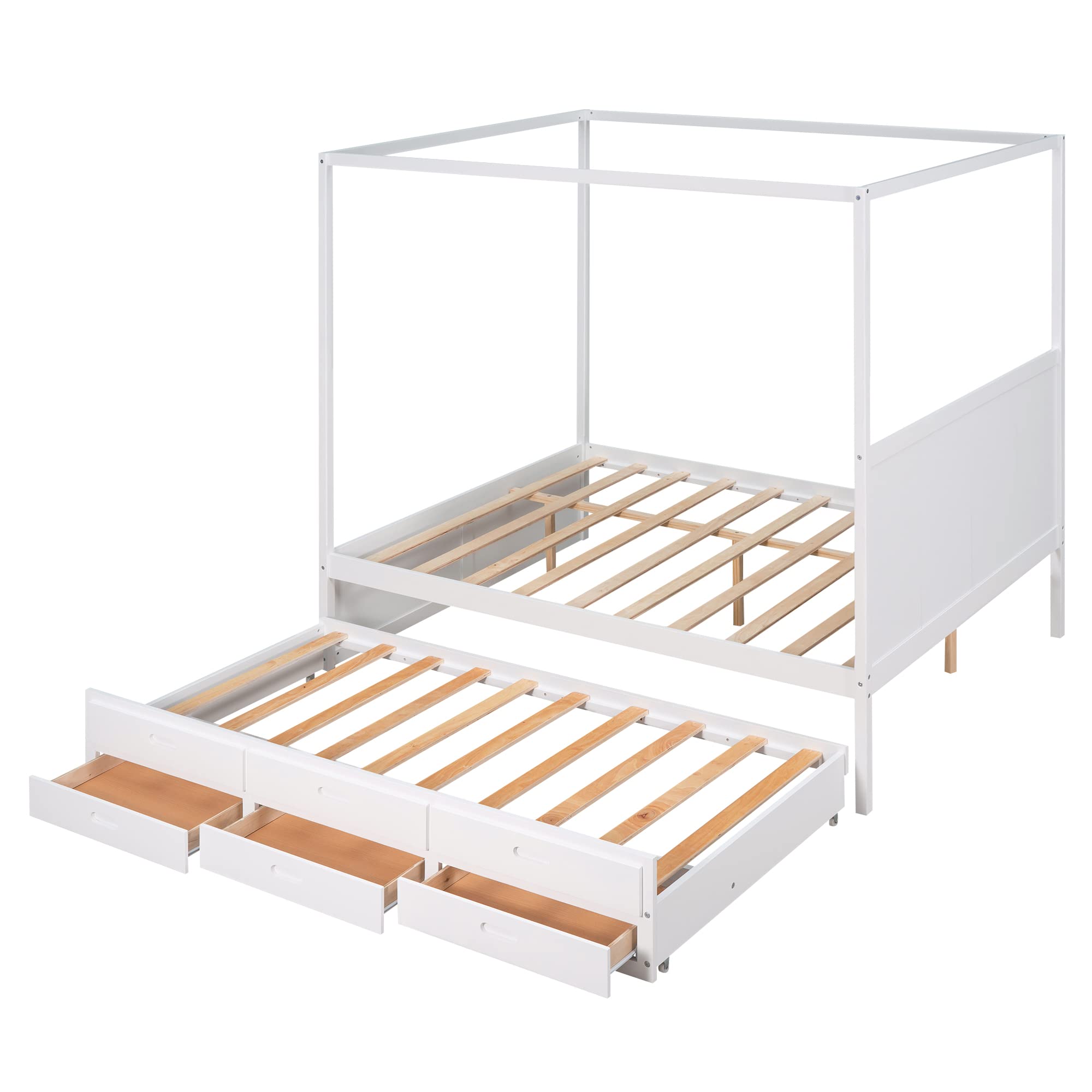 Favfurish Queen Size Canopy Platform Bed with Twin-Size Trundle and Three Storage Drawers,Easy to Assemble,Wood Bed-Frame for Children Teens Adults,Suitable for Bedroom,White